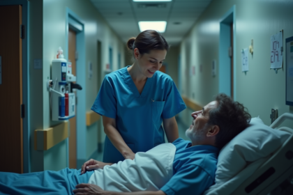 Infirmière en bleu vérifiant un patient âgé dans un couloir hospitalier