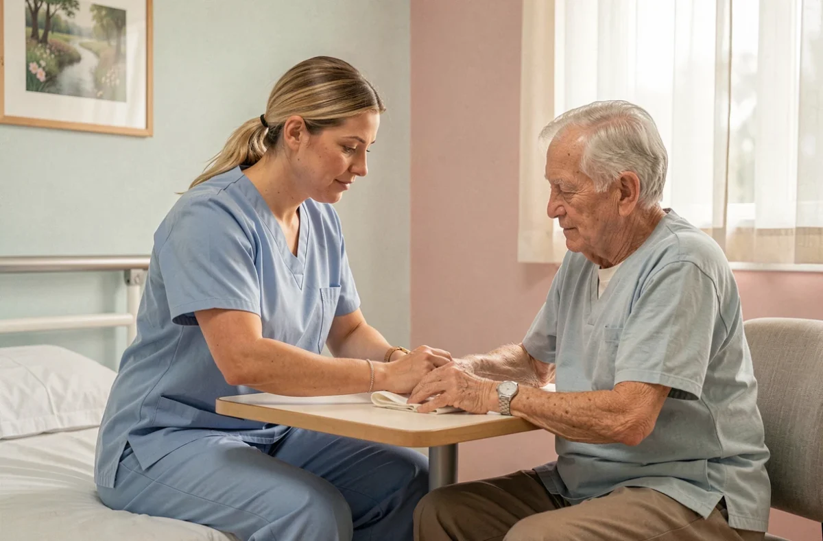 Infirmier gériatrique accompagnant un patient Alzheimer dans une activité manuelle en EHPAD, dans le cadre d'une évaluation et prise en charge basée sur le score ADL