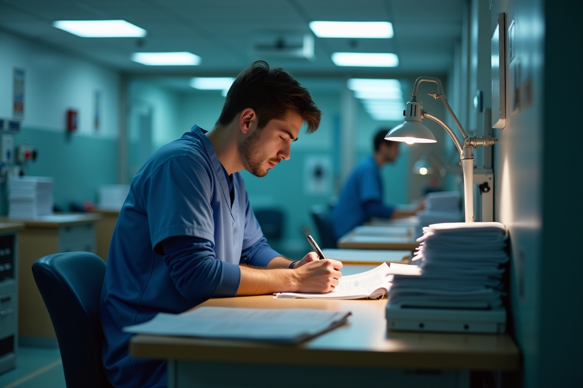 Jeune aide-soignant écrivant dans un dossier médical la nuit