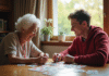 Une femme âgée souriante joue à un jeu de mémoire avec un jeune homme