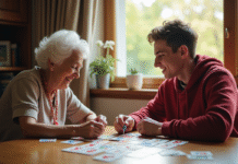 Une femme âgée souriante joue à un jeu de mémoire avec un jeune homme
