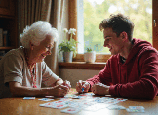 Jeux pour améliorer la mémoire : découvrez les meilleurs exercices stimulants Une femme âgée souriante joue à un jeu de mémoire avec un jeune homme