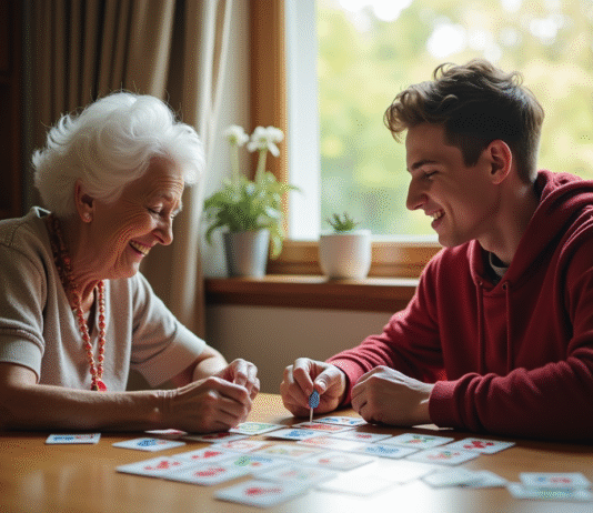 Une femme âgée souriante joue à un jeu de mémoire avec un jeune homme