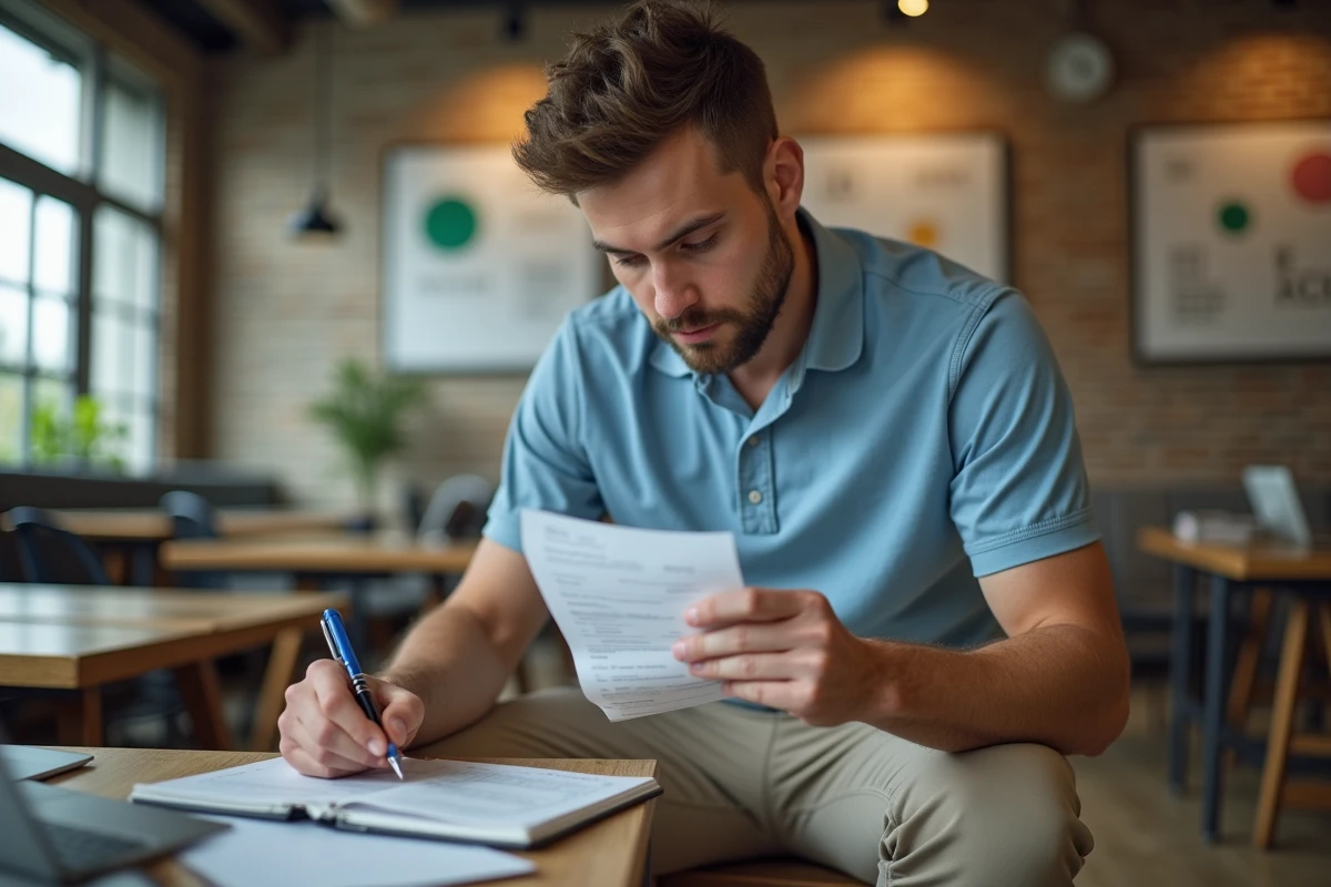 Jeune aide-soignant note ses reçus dans un espace de coworking