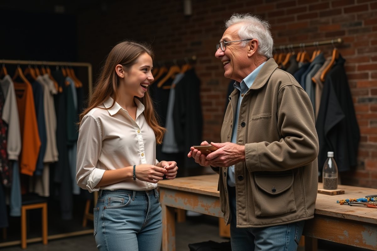 Jeune fille et homme âgé partageant un moment backstage