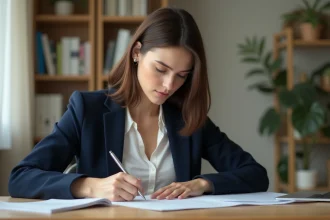 Jeune femme rédigeant une lettre de motivation pour un poste en maison de retraite à son bureau