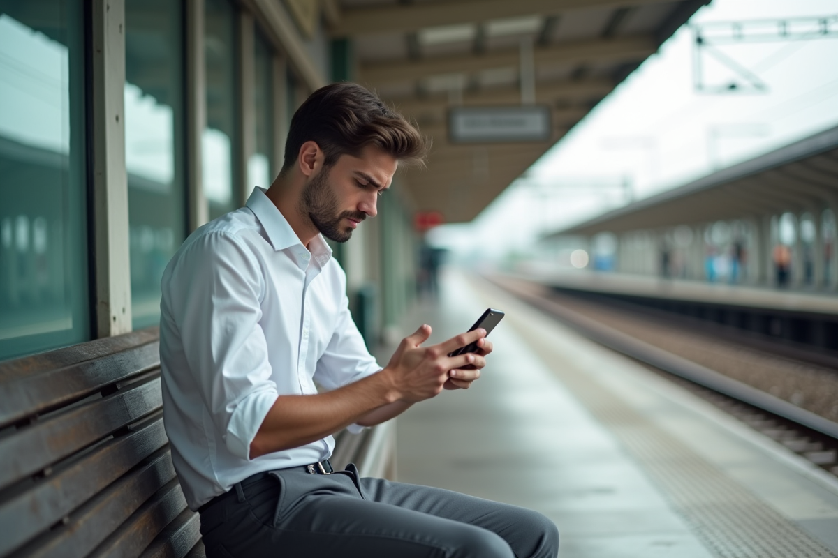 Jeune homme sur un banc de gare regardant son téléphone