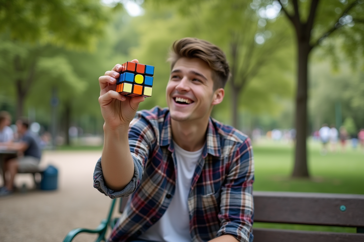 Jeune homme riant avec un Rubik