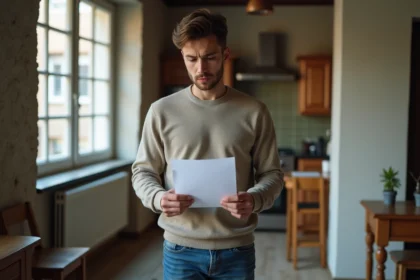Jeune homme tenant une lettre avec tension dans un salon modeste