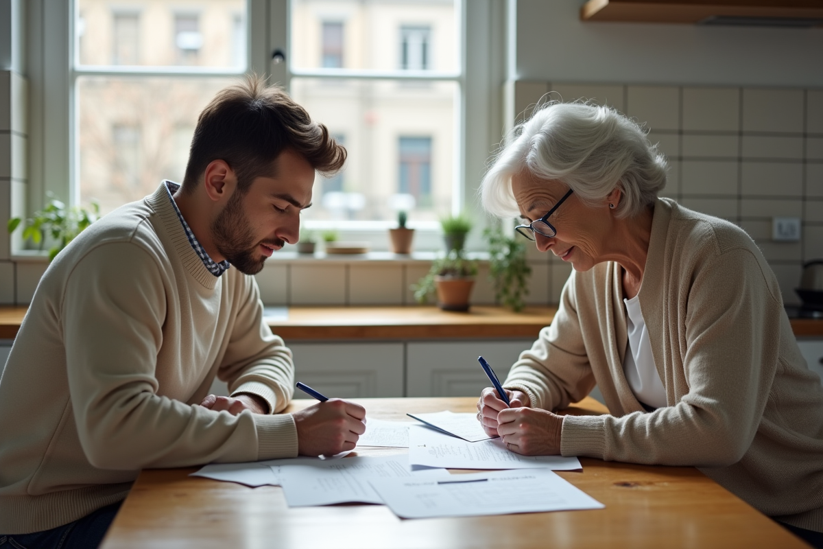 Jeune homme remplissant des papiers dans la cuisine