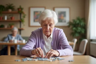 Femme âgée jouant à un puzzle à grandes pièces dans une salle commune de maison de retraite