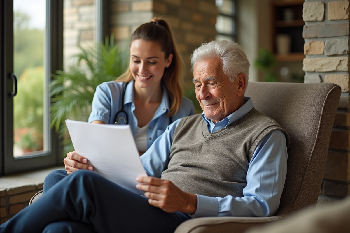 Senior lisant un document avec une aide dans un salon lumineux