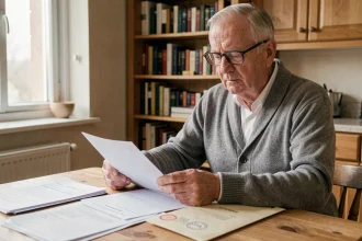 Locataire âgé de plus de 65 ans examinant des documents juridiques liés à une procédure d'expulsion dans son appartement