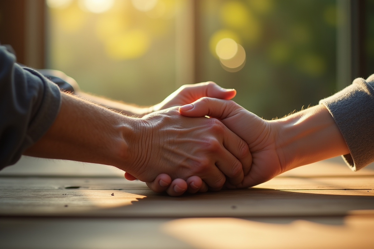Mains de personnes agees se tenant la main sur une table en matinée