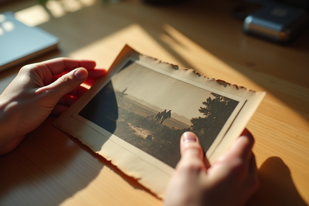 Mains tenant une vieille photo sur un bureau en bois clair