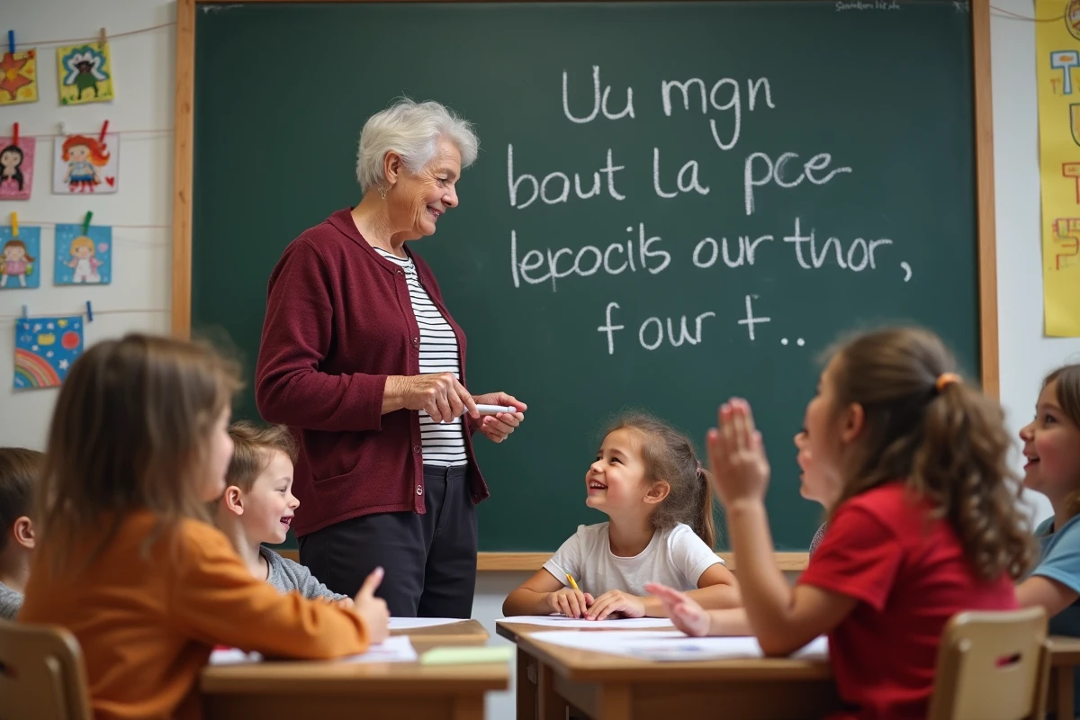 Une grand-mère écrit une comptine au tableau dans une salle de maternelle devant des enfants enthousiastes