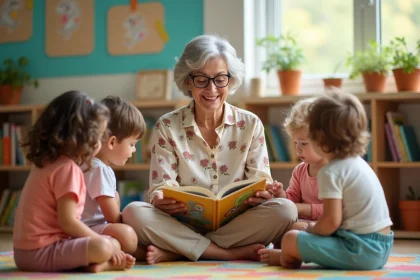 Grand-mère lisant un livre de poésie à des tout-petits en crèche, assise sur un tapis coloré entourée d'enfants souriants