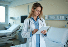 Médecin femme en blanc vérifiant une ordonnance dans une salle moderne