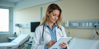 Prescrire un lit médicalisé : conseils et bonnes pratiques pour les professionnels de santé Médecin femme en blanc vérifiant une ordonnance dans une salle moderne