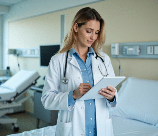 Prescrire un lit médicalisé : conseils et bonnes pratiques pour les professionnels de santé Médecin femme en blanc vérifiant une ordonnance dans une salle moderne