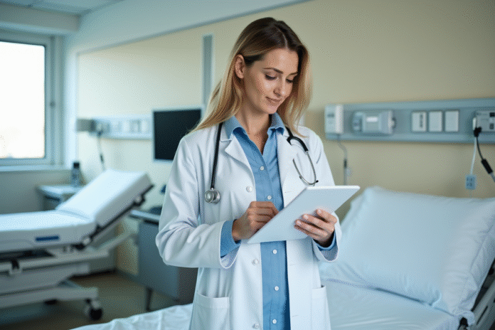 Médecin femme en blanc vérifiant une ordonnance dans une salle moderne