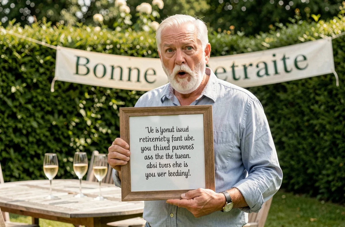 Homme retraité en jardin tenant un message humoristique encadré lors d'une fête de retraite en plein air