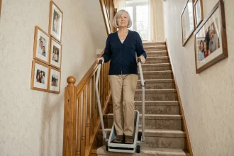 Femme âgée utilisant un monte-escalier debout mobile sur un escalier résidentiel