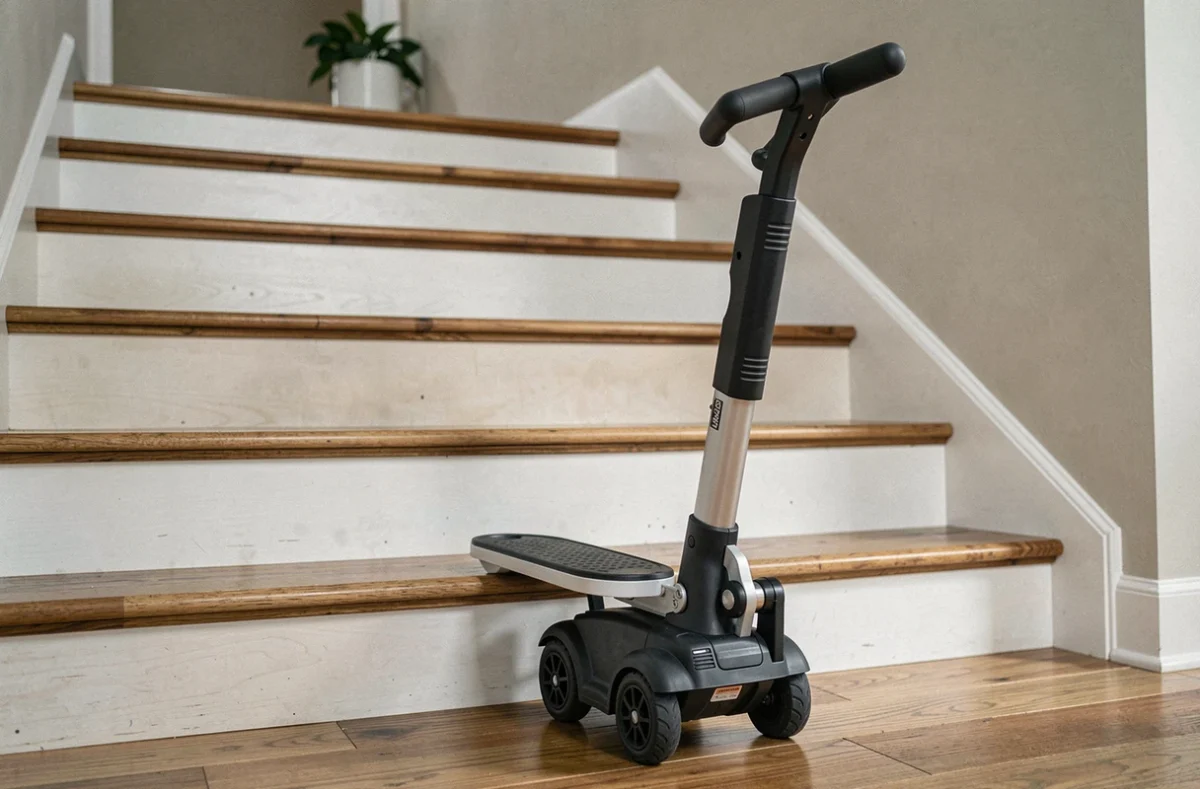 Monte-escalier debout mobile posé au bas d'un escalier en bois dans une maison moderne