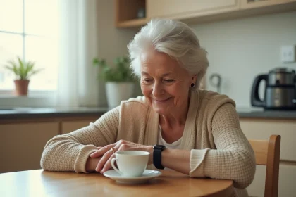 Femme âgée regardant sa montre connectée d'alerte à son poignet dans une cuisine chaleureuse