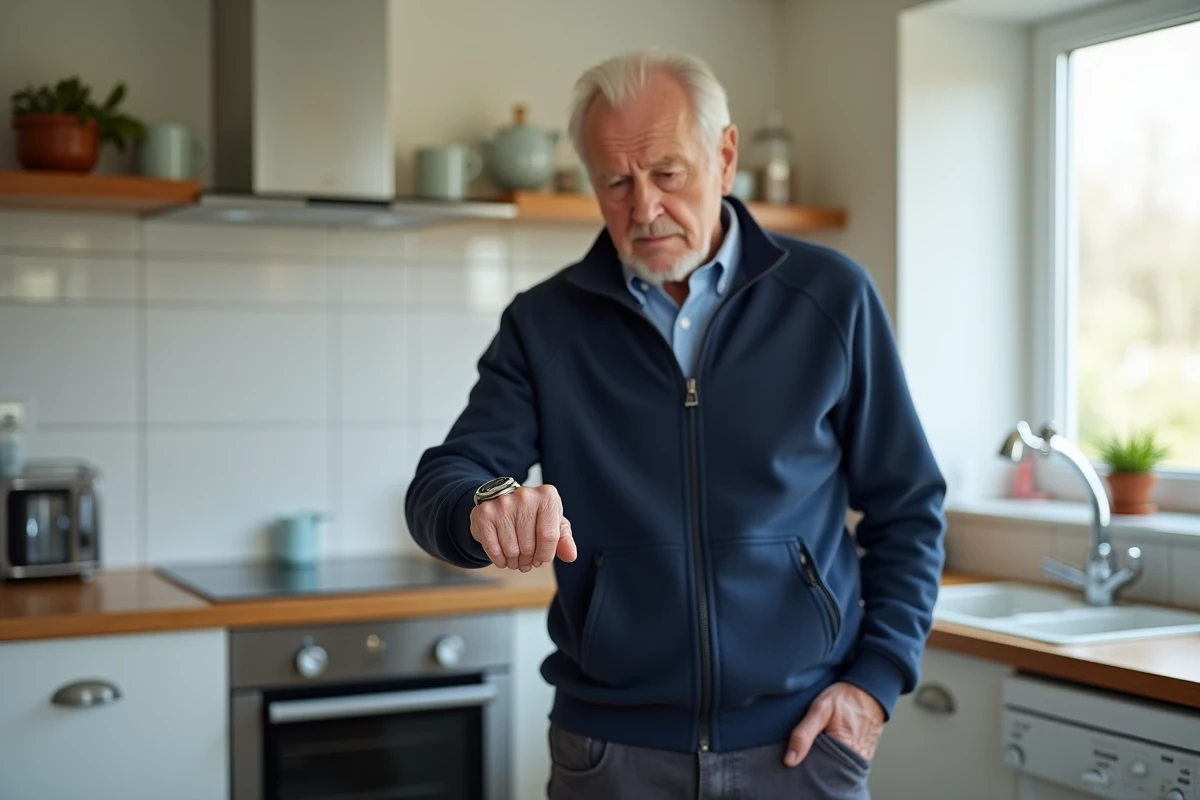 Homme âgé vérifiant l'affichage et les fonctions de sa montre GPS SOS senior dans une cuisine