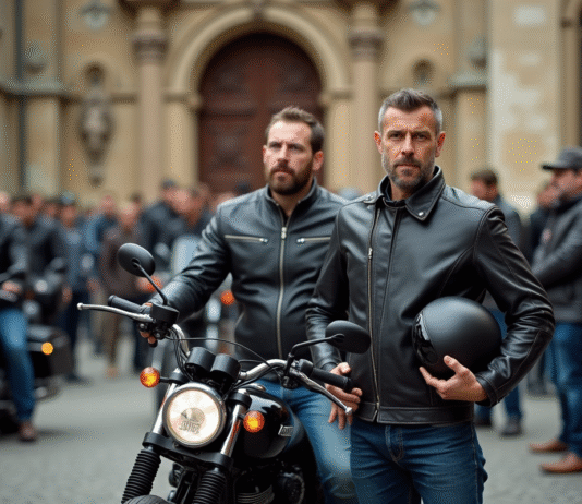 Motard avec blouson en cuir lors d'une bénédiction