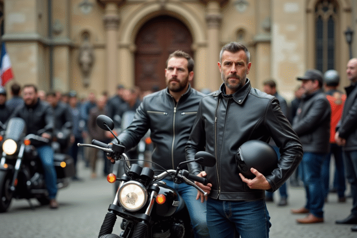 Motard avec blouson en cuir lors d'une bénédiction