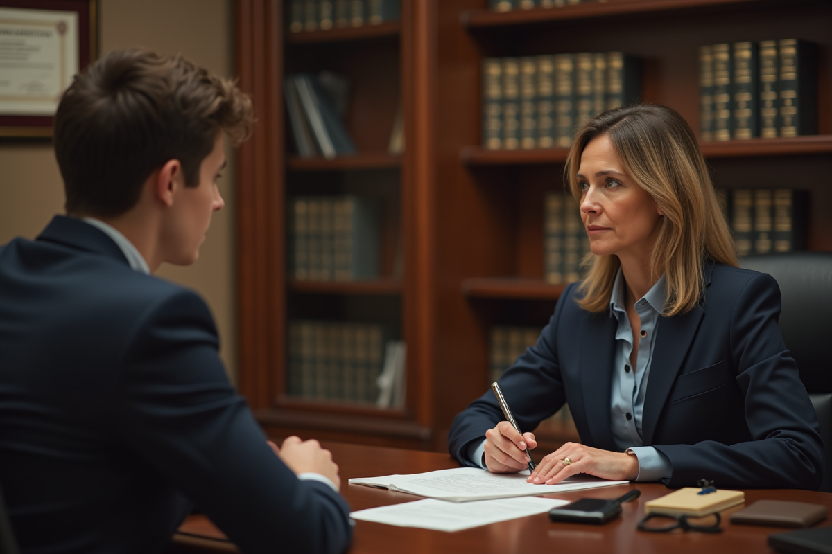 Notaire femme en bureau avec jeune homme attentif