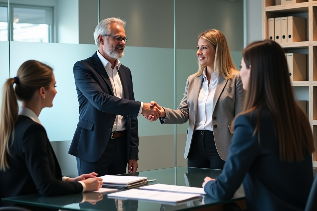 Homme et femme en discussion avec un notaire dans un bureau moderne