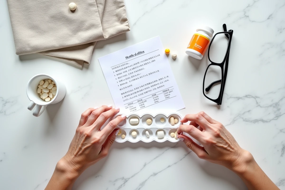 Vue du dessus d'un organisateur de médicaments, flacon de Bion 3 Senior et documents médicaux sur une surface en marbre, mains de personne âgée visibles