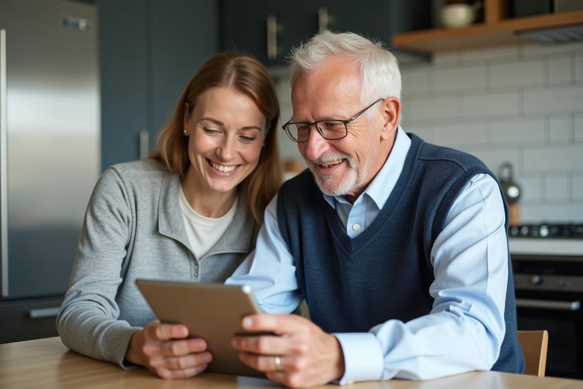 Père et fille utilisant une tablette pour la banque en ligne