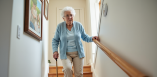 Cannes et escaliers : comment monter en toute sécurité avec ce handicap ? Femme âgée montant un escalier intérieur avec une canne