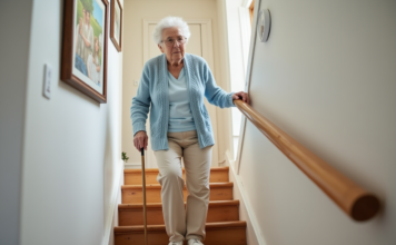 Cannes et escaliers : comment monter en toute sécurité avec ce handicap ? Femme âgée montant un escalier intérieur avec une canne