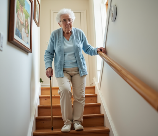 Cannes et escaliers : comment monter en toute sécurité avec ce handicap ? Femme âgée montant un escalier intérieur avec une canne