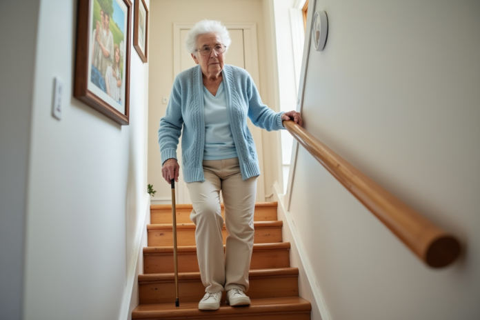 personne-agee-ascension-escalier Femme âgée montant un escalier intérieur avec une canne
