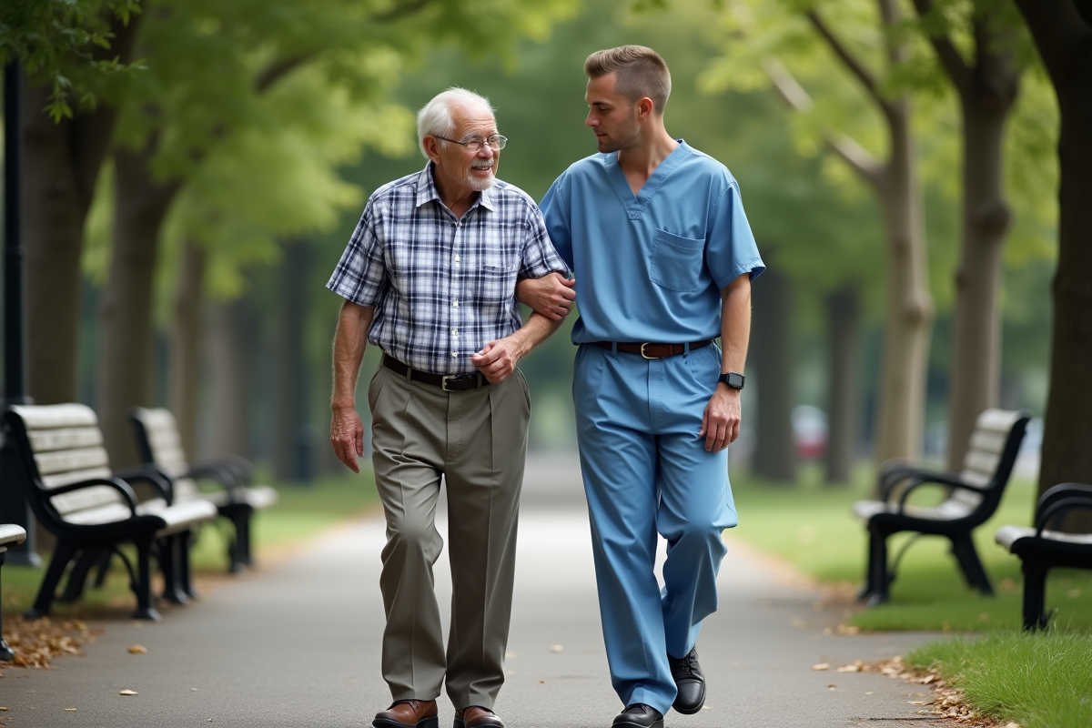 Personne âgée aidée par un infirmier dans un parc calme