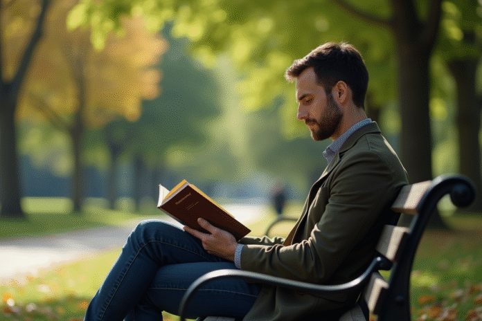 Personne seule lisant un livre de philosophie dans un parc