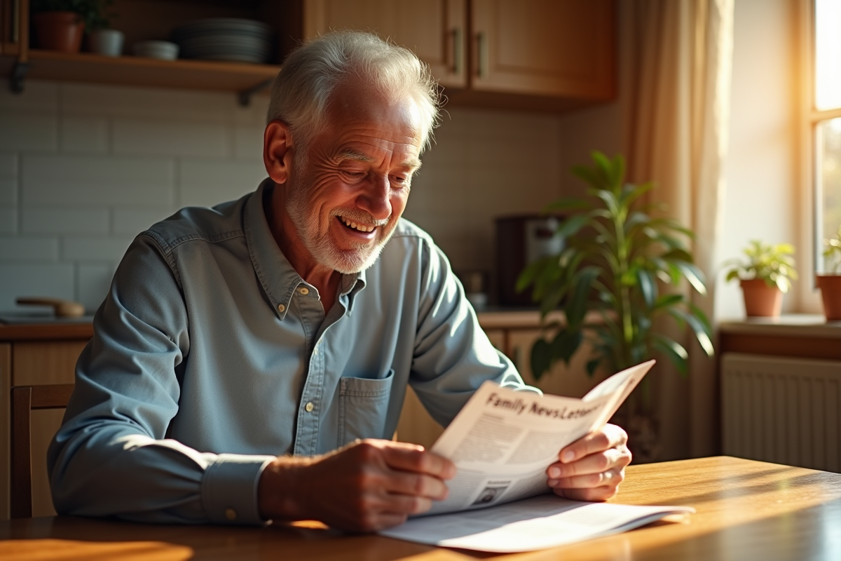 Personne âgée lisant un newsletter familial au matin