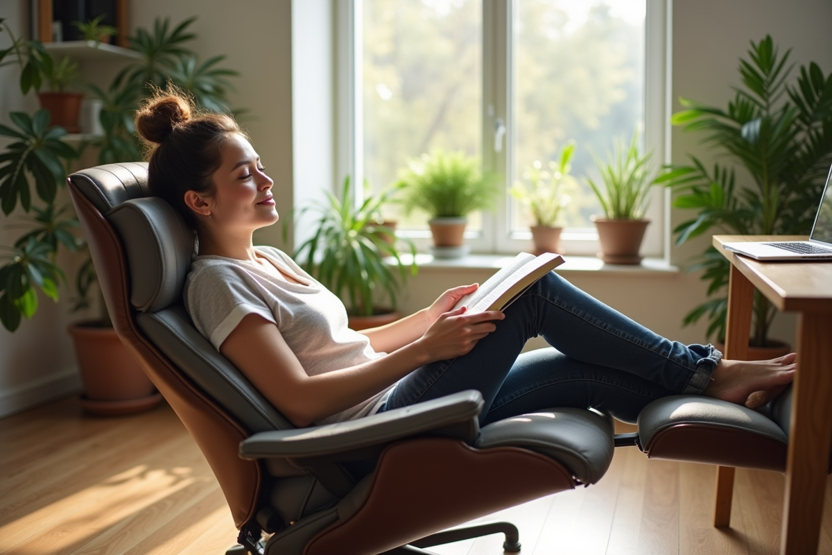 Personne détendue dans un fauteuil ergonomique en home office ensoleillé