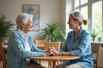 Femme âgée avec aide dans un salon chaleureux en Belgique