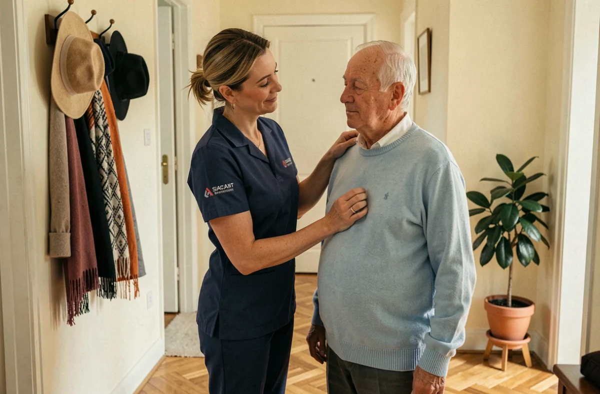 Une auxiliaire de vie de Petits-fils Caen aidant un monsieur âgé à enfiler sa veste dans l'entrée d'un appartement, avec une attention personnalisée aux seniors.