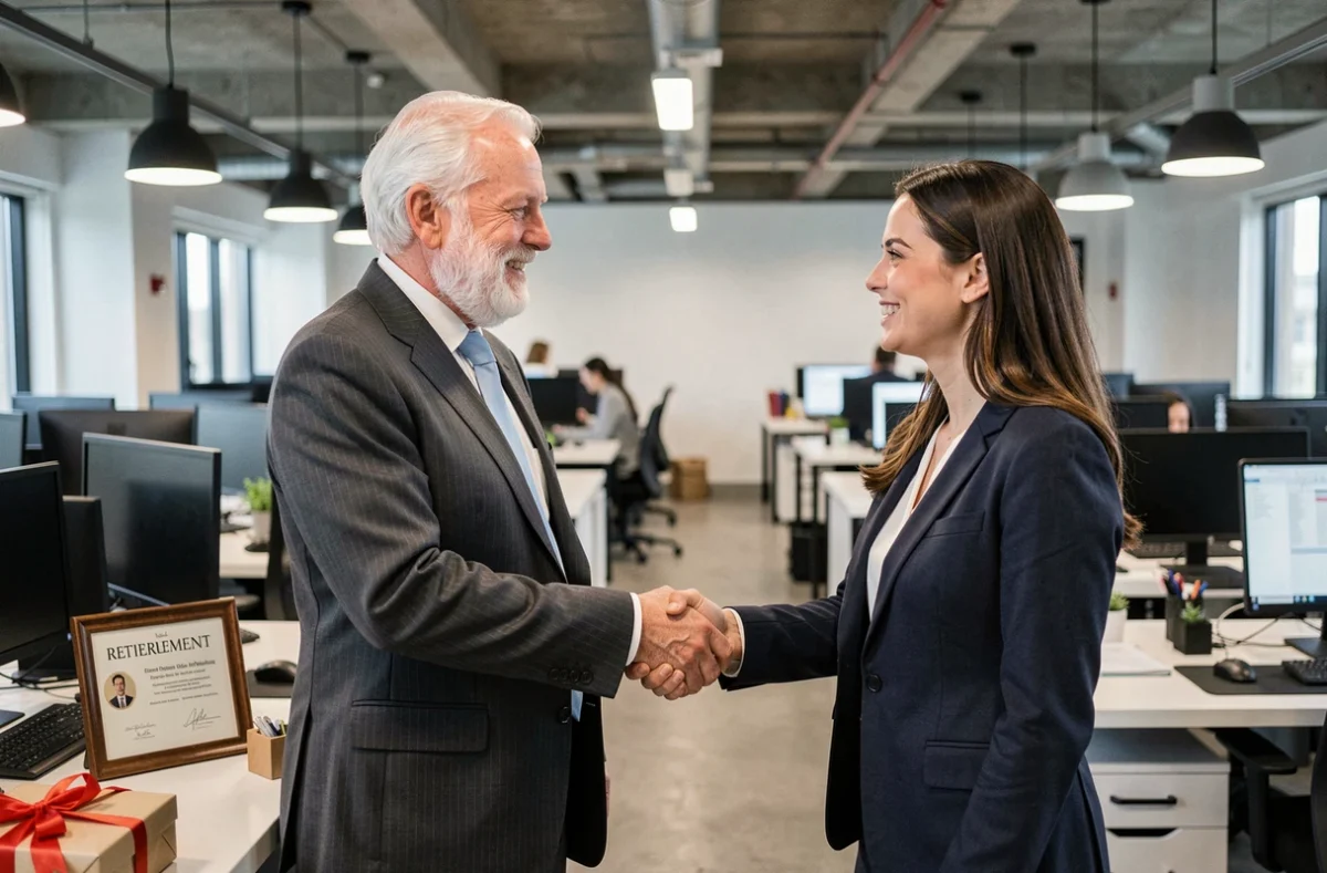 Employé senior serrant la main d'une collègue lors de son départ en retraite dans un bureau en open space, avec carte et cadeau visibles sur le bureau