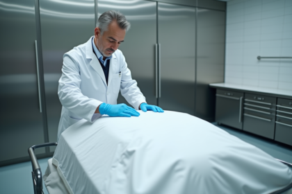 Employé funéraire en tenue blanche prépare un drap blanc