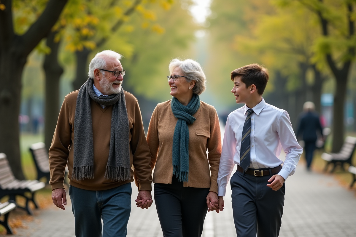 Famille diverse marchant dans un parc urbain en discutant