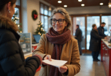 Chèque de Noël : conditions et bénéficiaires en France Femme française recevant un cheque de Noel à la poste